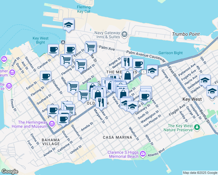 map of restaurants, bars, coffee shops, grocery stores, and more near 1126 Olivia Street in Key West