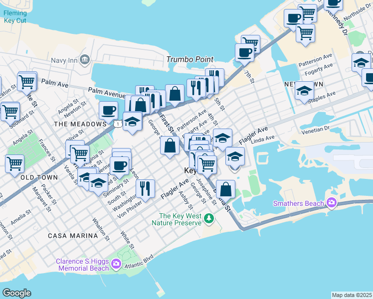 map of restaurants, bars, coffee shops, grocery stores, and more near 1818 Harris Avenue in Key West