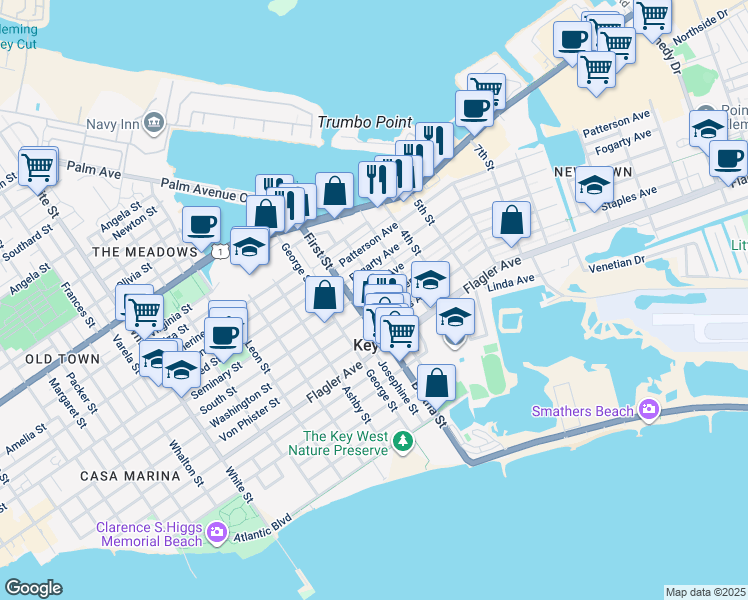 map of restaurants, bars, coffee shops, grocery stores, and more near 1922 Seidenberg Avenue in Key West