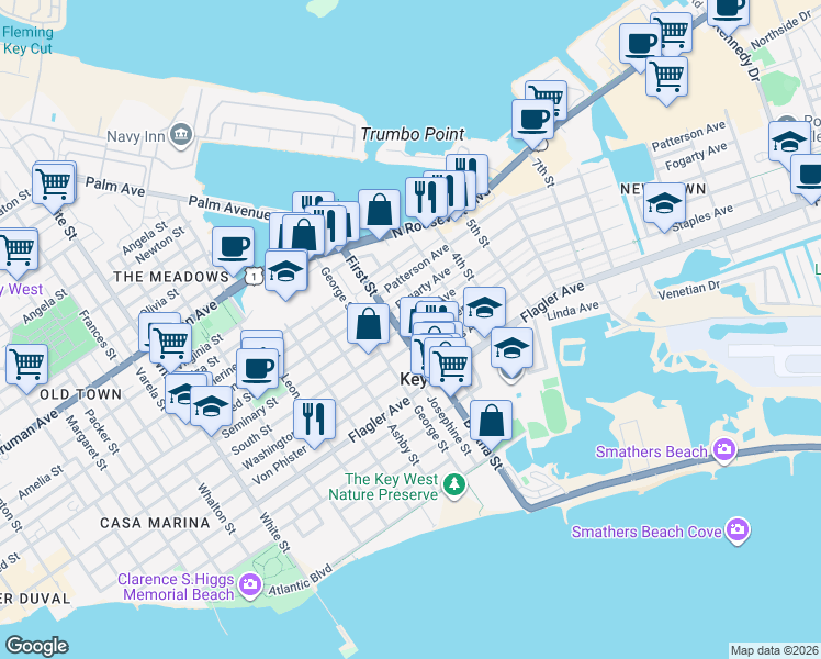 map of restaurants, bars, coffee shops, grocery stores, and more near 1818 Harris Avenue in Key West
