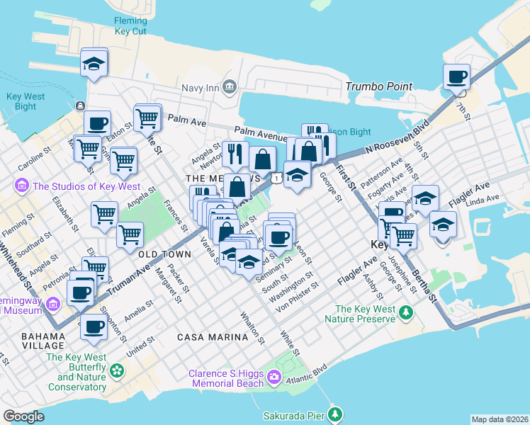 map of restaurants, bars, coffee shops, grocery stores, and more near 1108 Pearl Street in Key West