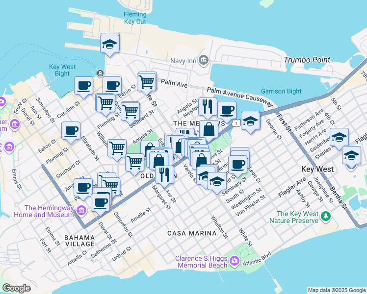 map of restaurants, bars, coffee shops, grocery stores, and more near 9 Gerome Avenue in Key West