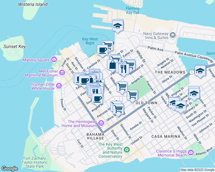map of restaurants, bars, coffee shops, grocery stores, and more near 701 Southard Street in Key West