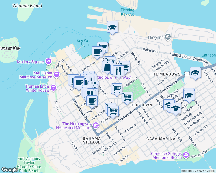 map of restaurants, bars, coffee shops, grocery stores, and more near 701 Southard Street in Key West