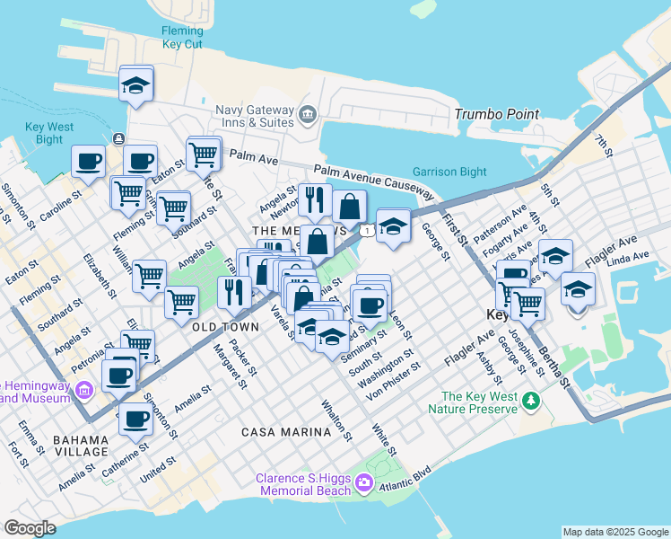 map of restaurants, bars, coffee shops, grocery stores, and more near 1320 Truman Avenue in Key West