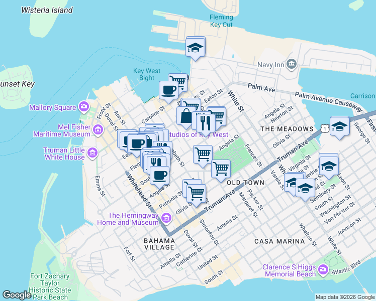 map of restaurants, bars, coffee shops, grocery stores, and more near 701 Southard Street in Key West