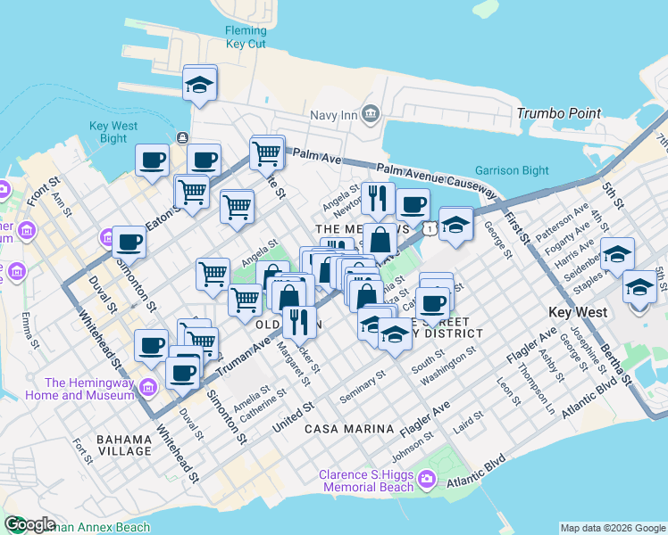 map of restaurants, bars, coffee shops, grocery stores, and more near 9 Gerome Avenue in Key West