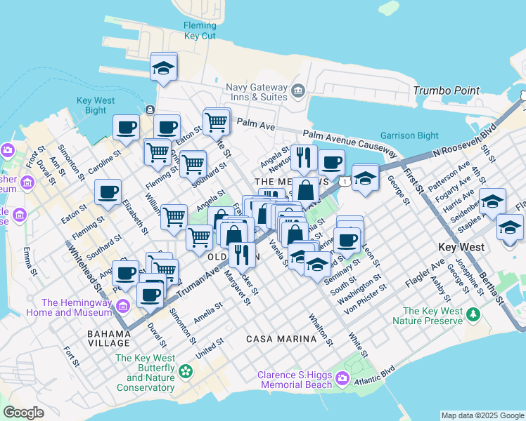 map of restaurants, bars, coffee shops, grocery stores, and more near 9 Gerome Avenue in Key West