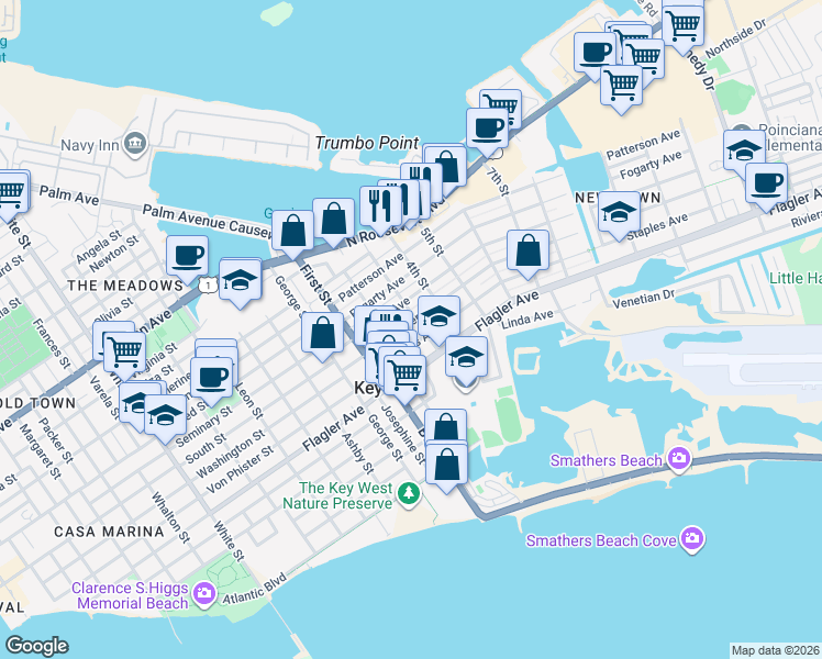 map of restaurants, bars, coffee shops, grocery stores, and more near 2022 Staples Avenue in Key West