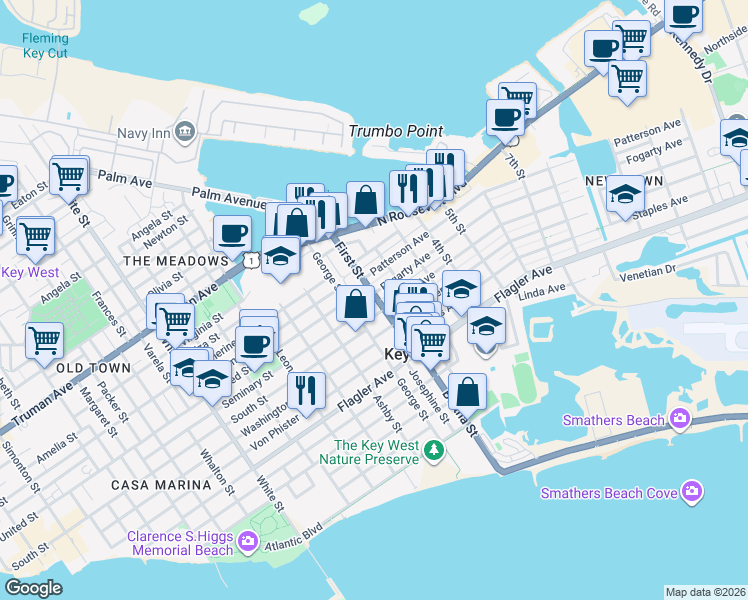 map of restaurants, bars, coffee shops, grocery stores, and more near 1818 Harris Avenue in Key West