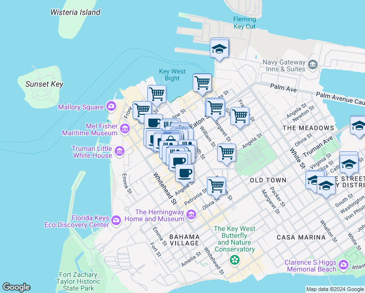 map of restaurants, bars, coffee shops, grocery stores, and more near 517 Simonton Street in Key West