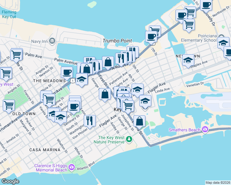 map of restaurants, bars, coffee shops, grocery stores, and more near 1818 Harris Avenue in Key West