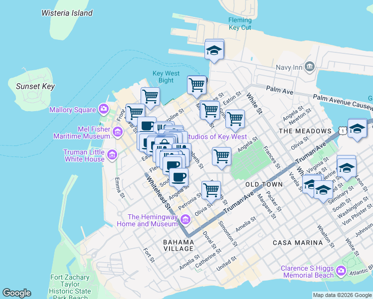 map of restaurants, bars, coffee shops, grocery stores, and more near 517 Simonton Street in Key West