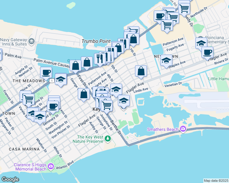 map of restaurants, bars, coffee shops, grocery stores, and more near 2119 Seidenberg Avenue in Key West