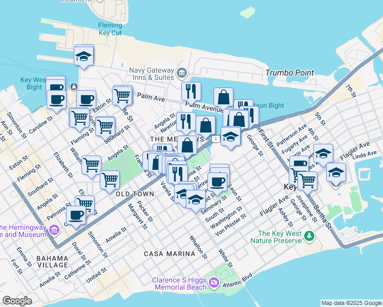 map of restaurants, bars, coffee shops, grocery stores, and more near 1414 Albury Street in Key West
