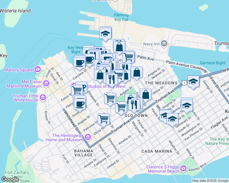 map of restaurants, bars, coffee shops, grocery stores, and more near 608 Griffin Lane in Key West