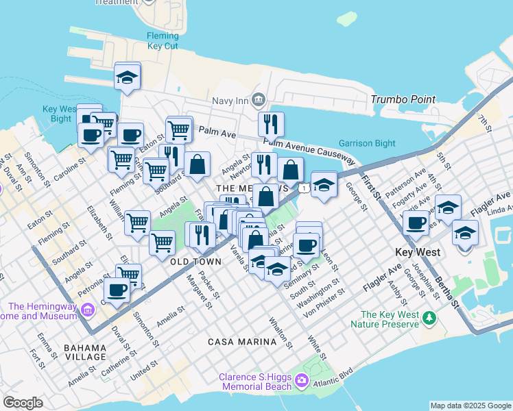 map of restaurants, bars, coffee shops, grocery stores, and more near 1315 Olivia Street in Key West