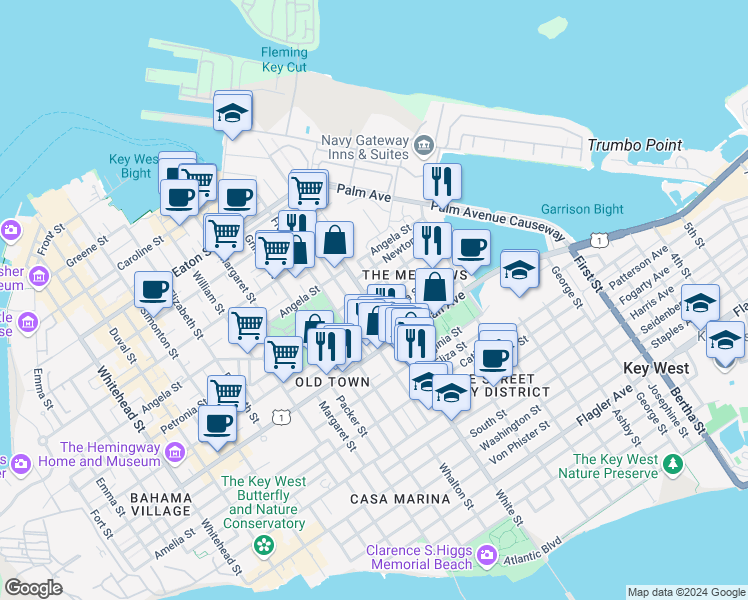 map of restaurants, bars, coffee shops, grocery stores, and more near 1214 Petronia Street in Key West