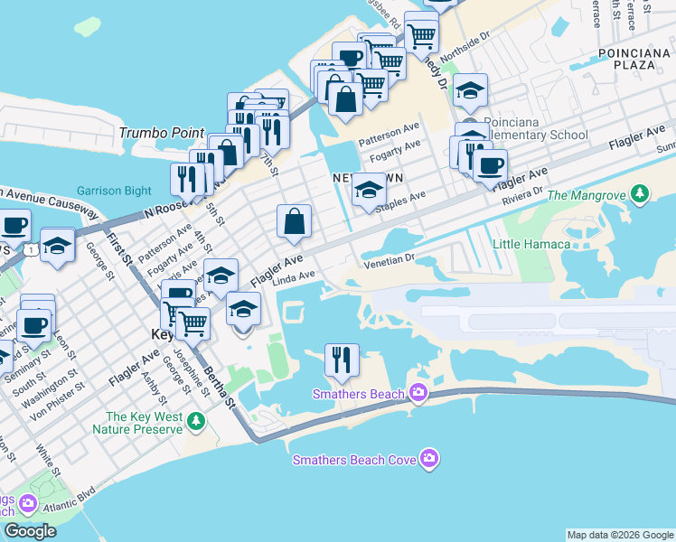 map of restaurants, bars, coffee shops, grocery stores, and more near 2516 Linda Avenue in Key West