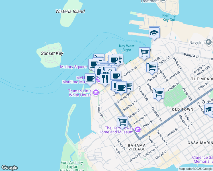 map of restaurants, bars, coffee shops, grocery stores, and more near 409 Caroline Street in Key West