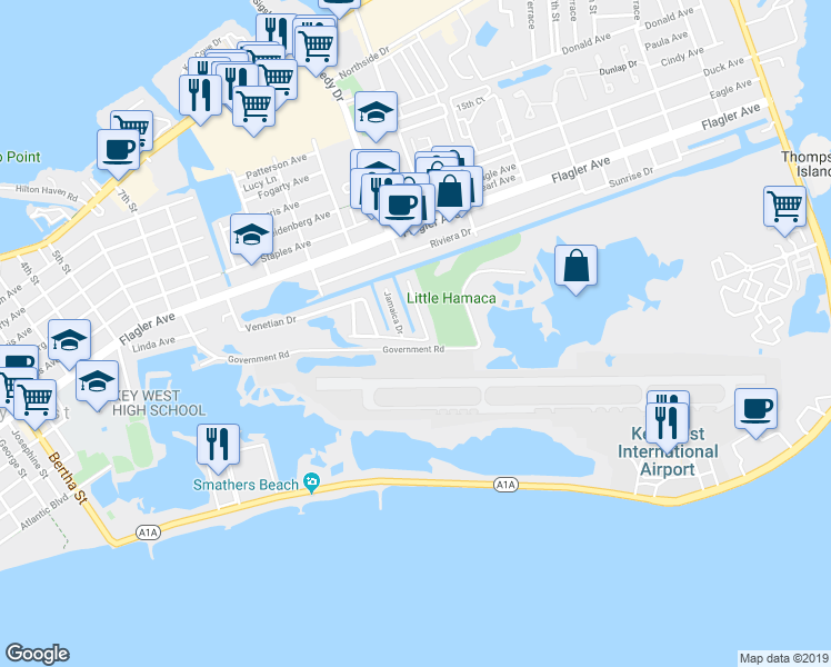 map of restaurants, bars, coffee shops, grocery stores, and more near 1723 Jamaica Drive in Key West