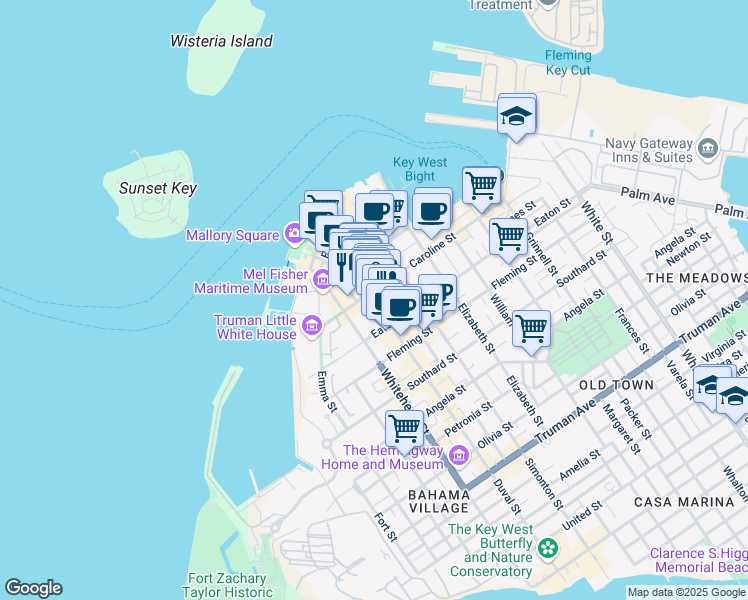 map of restaurants, bars, coffee shops, grocery stores, and more near 305 Duval Street in Key West