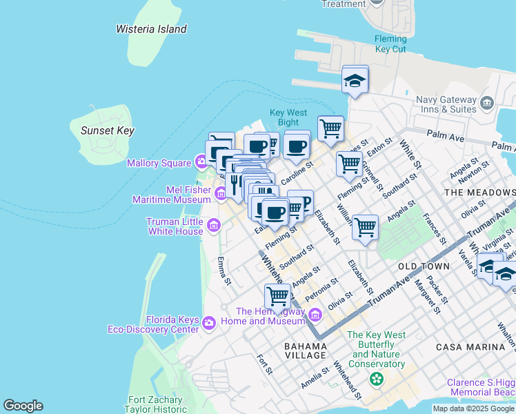 map of restaurants, bars, coffee shops, grocery stores, and more near 305 Duval Street in Key West