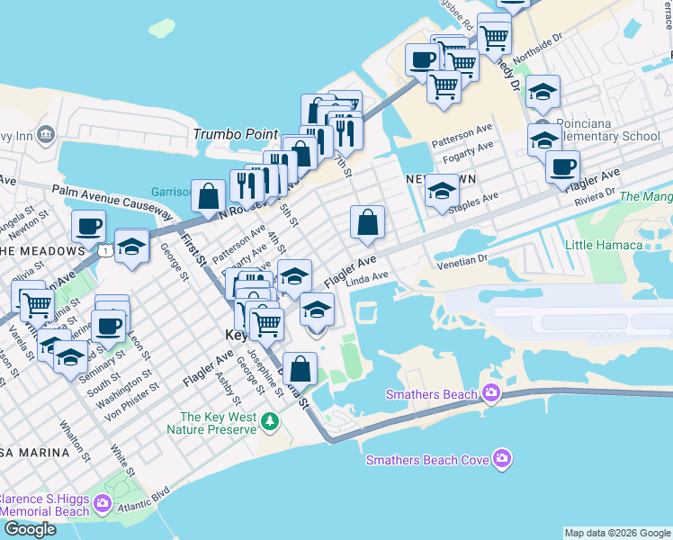 map of restaurants, bars, coffee shops, grocery stores, and more near 2400 Flagler Avenue in Key West