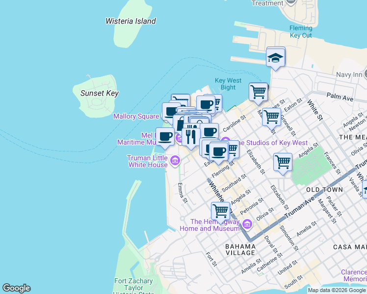 map of restaurants, bars, coffee shops, grocery stores, and more near 409 Caroline Street in Key West