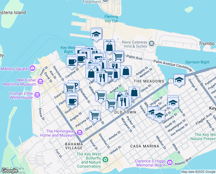 map of restaurants, bars, coffee shops, grocery stores, and more near 608 Griffin Lane in Key West