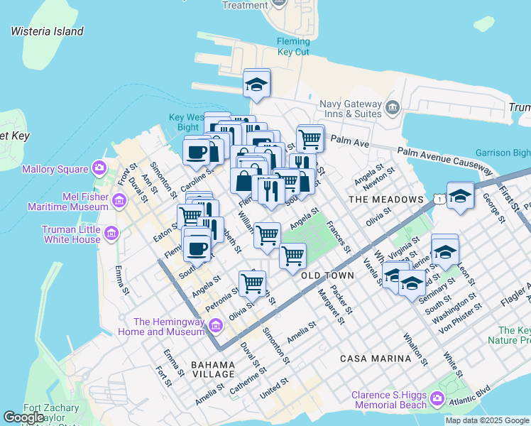 map of restaurants, bars, coffee shops, grocery stores, and more near 522 Margaret Street in Key West