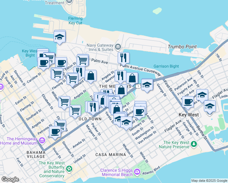map of restaurants, bars, coffee shops, grocery stores, and more near 1315 Olivia Street in Key West