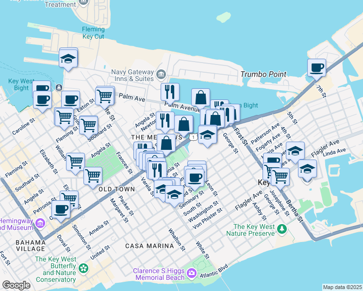map of restaurants, bars, coffee shops, grocery stores, and more near 1250 U.S. 1 in Key West