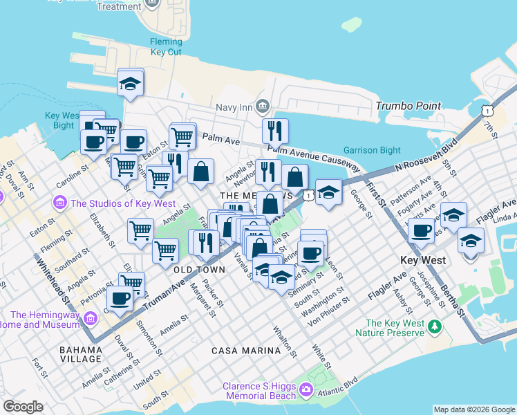 map of restaurants, bars, coffee shops, grocery stores, and more near 1315 Olivia Street in Key West