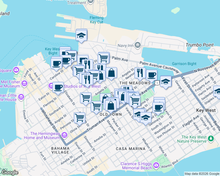 map of restaurants, bars, coffee shops, grocery stores, and more near 716 Ashe Street in Key West