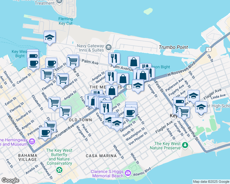 map of restaurants, bars, coffee shops, grocery stores, and more near 1414 Albury Street in Key West