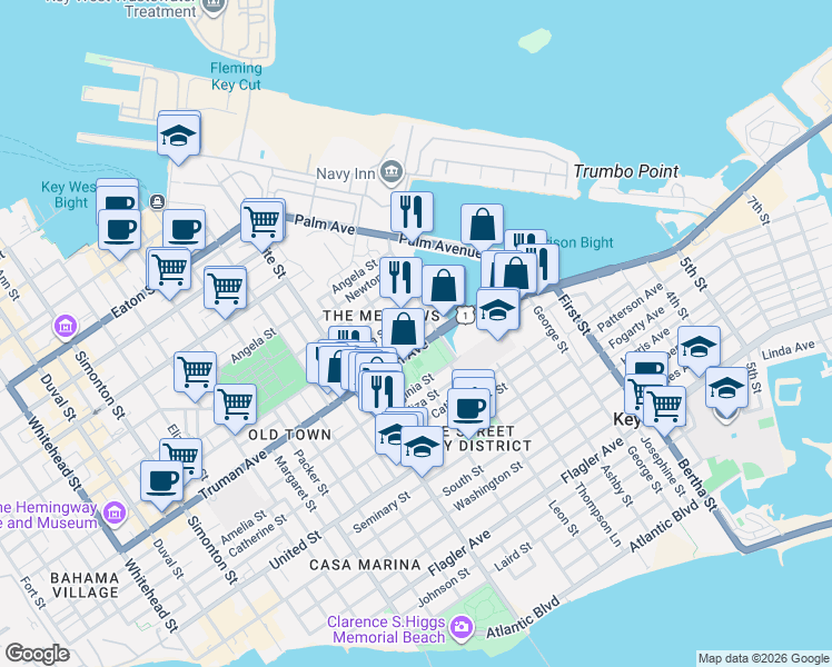 map of restaurants, bars, coffee shops, grocery stores, and more near 1414 Albury Street in Key West