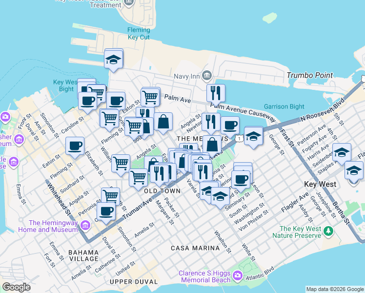 map of restaurants, bars, coffee shops, grocery stores, and more near 1214 Petronia St in Key West