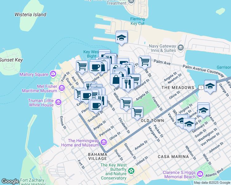 map of restaurants, bars, coffee shops, grocery stores, and more near 726 Fleming Street in Key West
