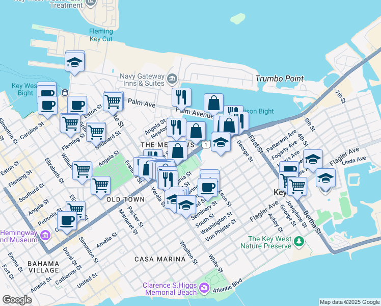 map of restaurants, bars, coffee shops, grocery stores, and more near 1511 Truman Avenue in Key West