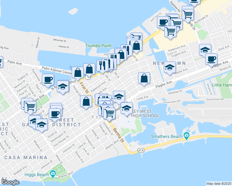 map of restaurants, bars, coffee shops, grocery stores, and more near 2119 Seidenberg Avenue in Key West