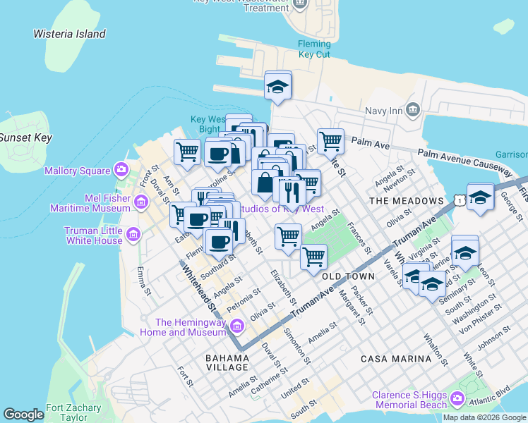map of restaurants, bars, coffee shops, grocery stores, and more near 800 Fleming Street in Key West