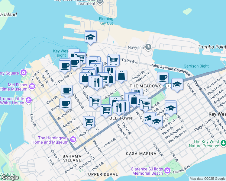 map of restaurants, bars, coffee shops, grocery stores, and more near 3 Catholic Lane in Key West