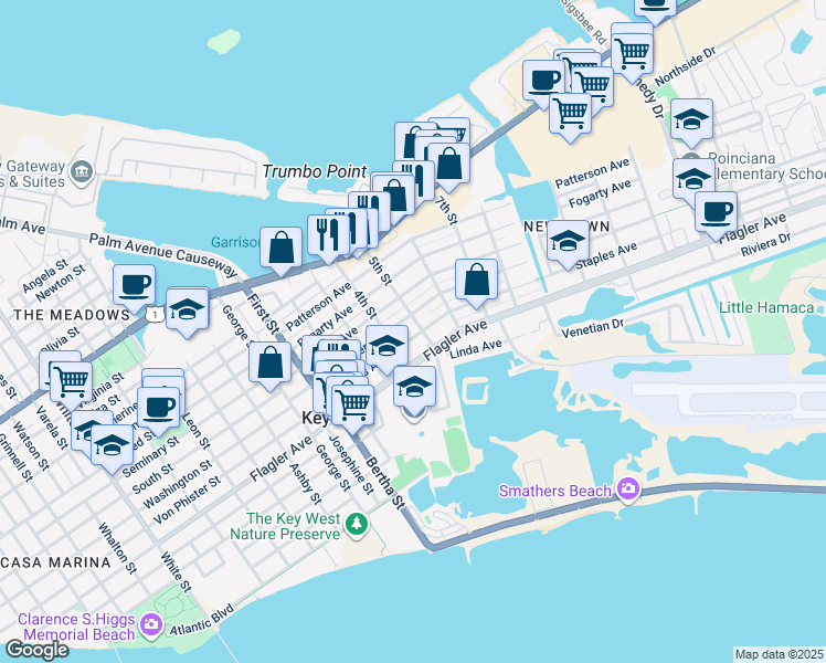 map of restaurants, bars, coffee shops, grocery stores, and more near 2215 Staples Avenue in Key West