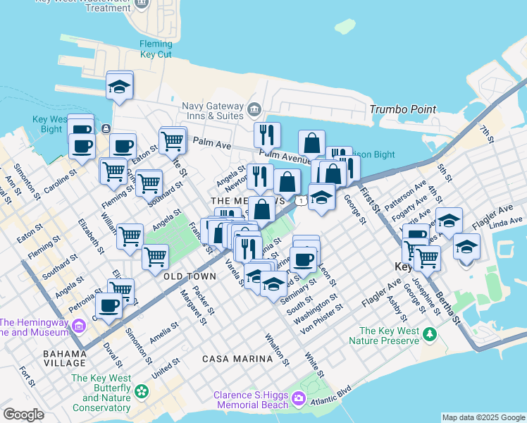 map of restaurants, bars, coffee shops, grocery stores, and more near 1414 Albury Street in Key West