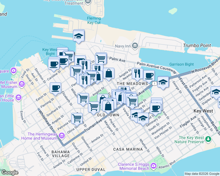 map of restaurants, bars, coffee shops, grocery stores, and more near 716 Ashe Street in Key West