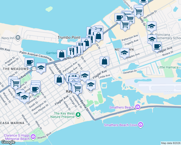map of restaurants, bars, coffee shops, grocery stores, and more near 2215 Staples Avenue in Key West