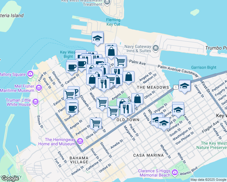 map of restaurants, bars, coffee shops, grocery stores, and more near 608 Griffin Lane in Key West