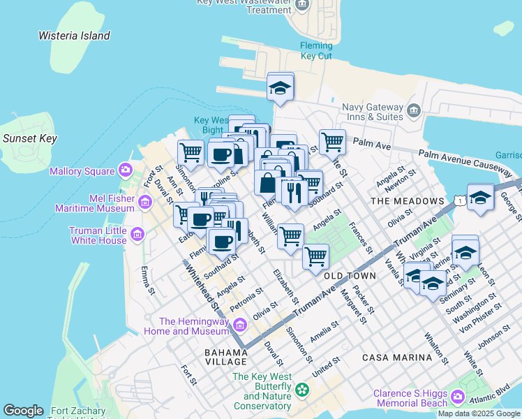 map of restaurants, bars, coffee shops, grocery stores, and more near 801 Fleming Street in Key West