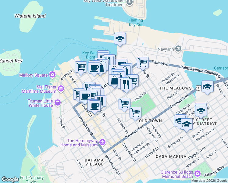 map of restaurants, bars, coffee shops, grocery stores, and more near 812 Fleming Street in Key West